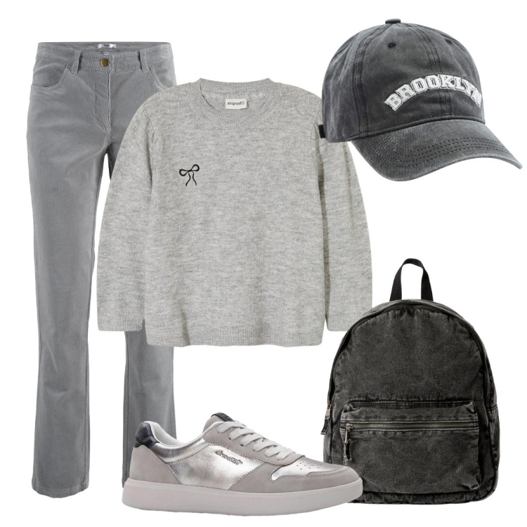 Outfit donna - Grigio su grigio. Stile Urban per Tutti i giorni. Abbinamento con maglieria, pantaloni, sneakers, cappelli, zaini.