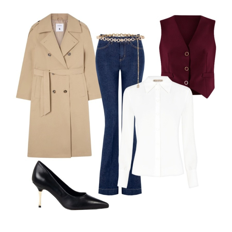 Outfit donna - Total look #2253886. Stile Casual chic per Ufficio. Abbinamento con trench, jeans a zampa, décolleté, camicie, gilet, cinture.
