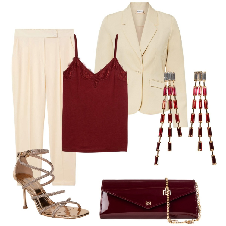 Outfit donna - Serata speciale. Stile Chic per Serata fuori. Abbinamento con orecchini, blazer, top, sandali col tacco, pantaloni chino, pochette.