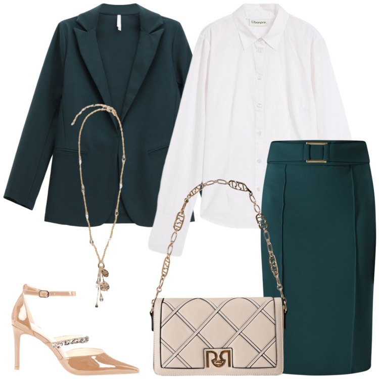 Outfit donna - Total look #2253889. Stile Chic per Serata fuori. Abbinamento con camicie, gonne, borse a tracolla, décolleté, blazer, ciondoli.