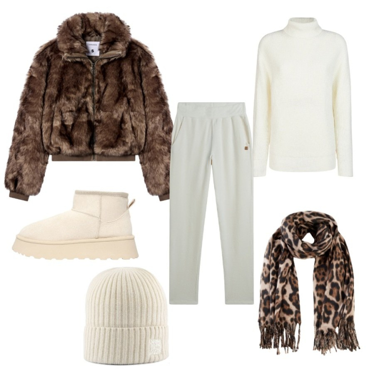 Outfit donna - Outfit whie whit brown. Stile Glamour per Tutti i giorni. Abbinamento con foulard, stivaletti, ecopellicce, pantaloni, maglieria, berretti.