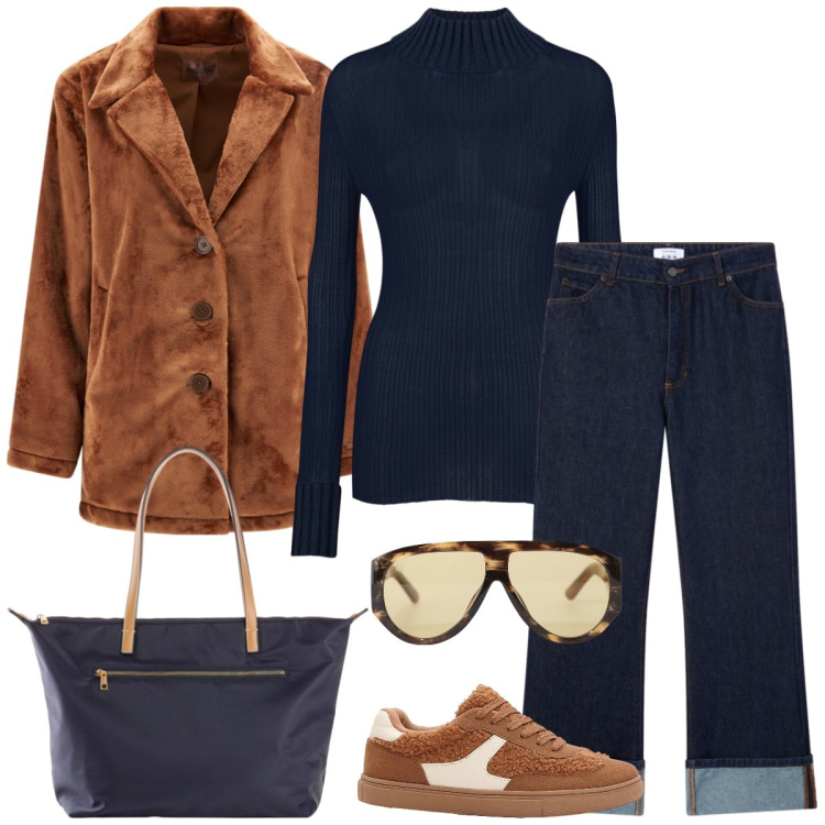 Outfit donna - Total look #2253893. Stile Casual per Tutti i giorni. Abbinamento con shopping bag, sneakers, jeans, occhiali da sole, cappotti, maglieria.