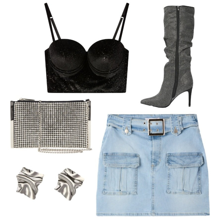 Outfit donna - Serateee. Stile Sexy per Serata fuori. Abbinamento con minigonne, stivali, bralette, pochette, orecchini.