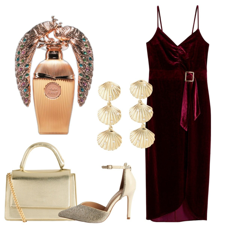 Outfit donna - Elegante oro. Stile Bon Ton per Cerimonia. Abbinamento con vestiti midi/longuette, profumi, décolleté, orecchini, borse a tracolla.