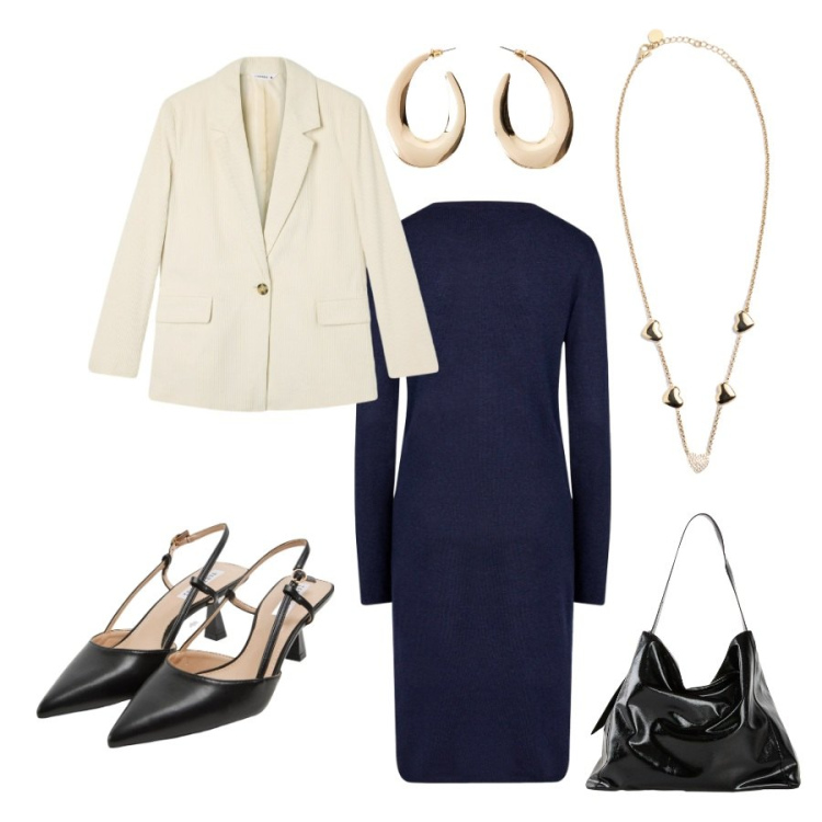 Outfit donna - Alla moda. Stile Casual chic per Serata fuori. look ideale per Tall. Abbinamento con orecchini, shopping bag, sabot, blazer, collane, vestiti midi/longuette.
