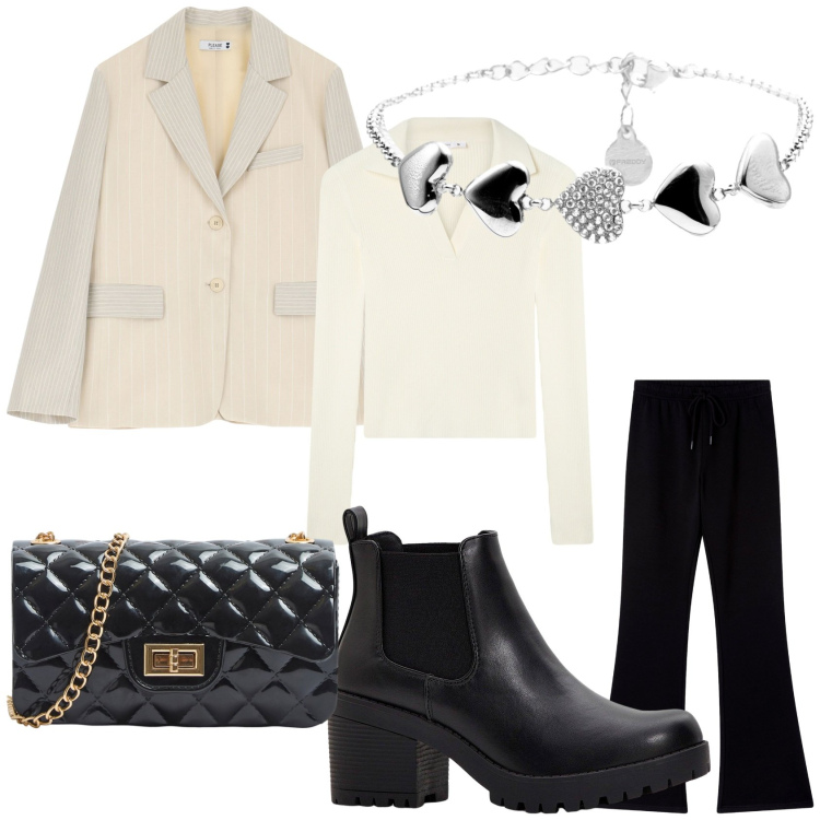 Outfit donna - Total look #2253901. Stile Casual chic per Tutti i giorni. Abbinamento con stivaletti chelsea, borse a tracolla, maglieria, pantaloni, blazer, braccialetti.