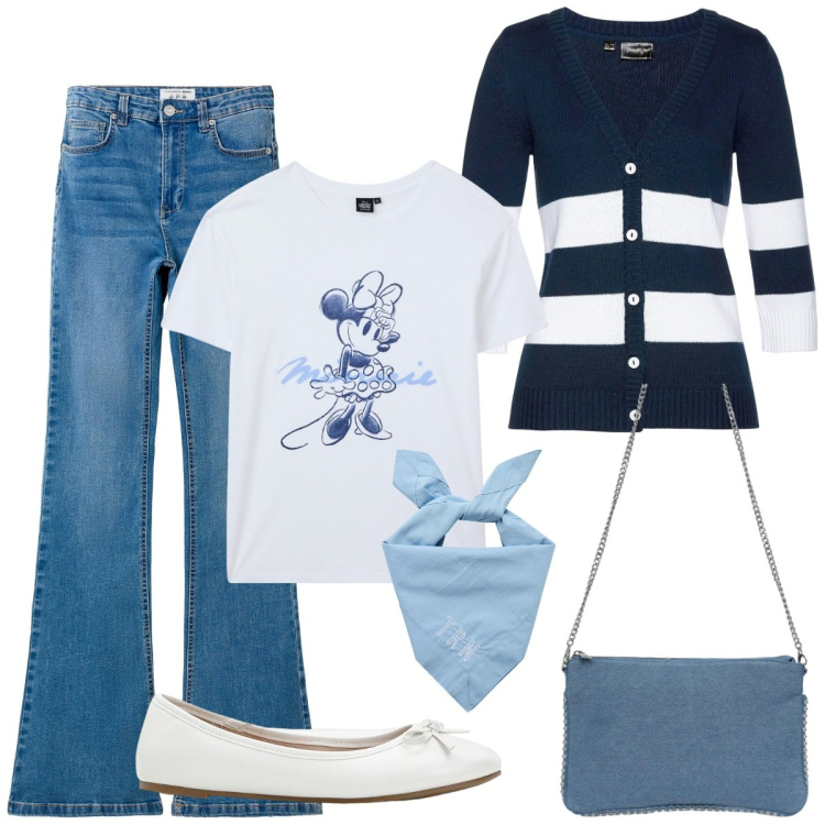 Outfit donna - Jeans e ballerine. Stile Casual chic per Ufficio. Abbinamento con ballerine, cardigans, t-shirt, jeans a zampa, borse a tracolla, foulard.