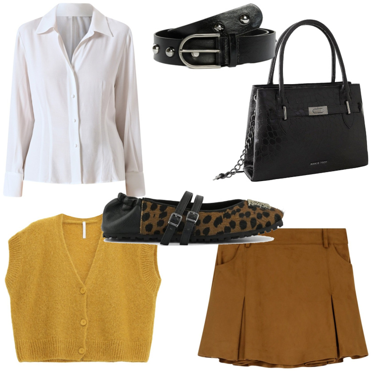 Outfit donna - Autumn basic. Stile Casual chic per Tutti i giorni. Abbinamento con borse a mano, camicie, cardigans, minigonne, ballerine, cinture.