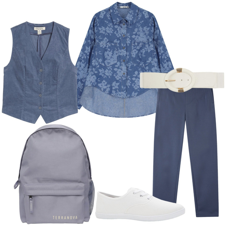 Outfit donna - Total look #2253907. Stile Casual per Tutti i giorni. Abbinamento con sneakers, gilet, cinture, zaini, pantaloni chino, camicie.