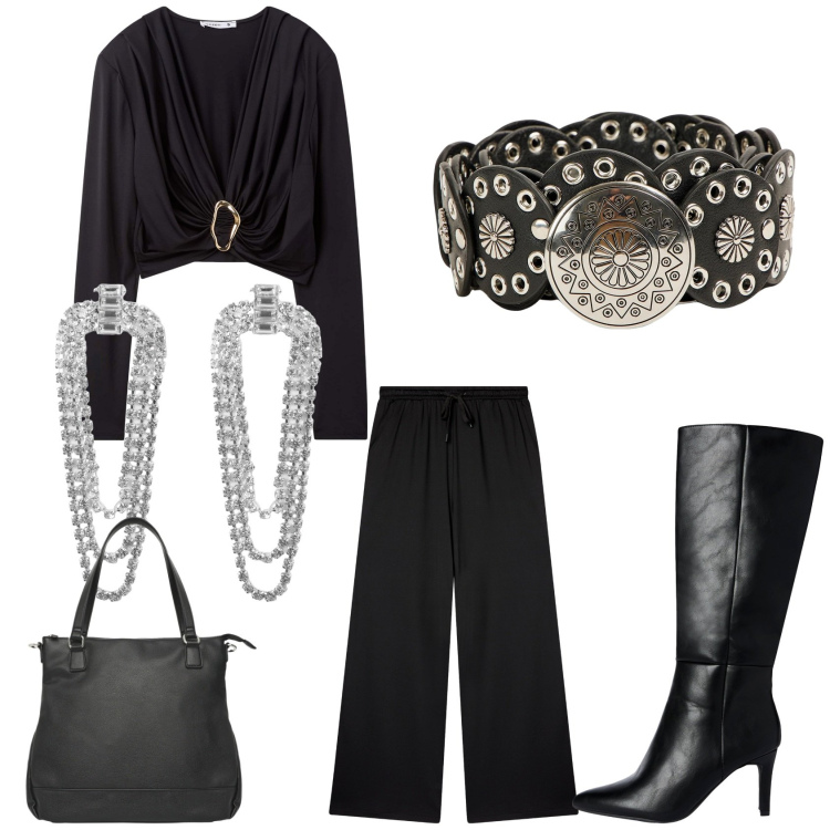 Outfit donna - Noir. Stile Chic per Serata fuori. Abbinamento con pantaloni, orecchini, maglieria, cinture, shopping bag, stivali sopra il ginocchio.