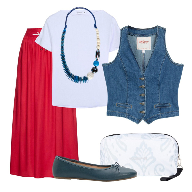 Outfit donna - Gilet di jeans. Stile Trendy per Scuola/Università. Abbinamento con gilet, gonne lunghe, ballerine, t-shirt, valigie, collane.