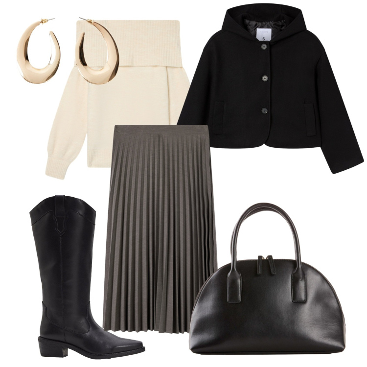 Outfit donna - Domenica in centro. Stile Trendy per Tutti i giorni. Abbinamento con stivali, orecchini, shopping bag, caban, gonne lunghe, maglieria.