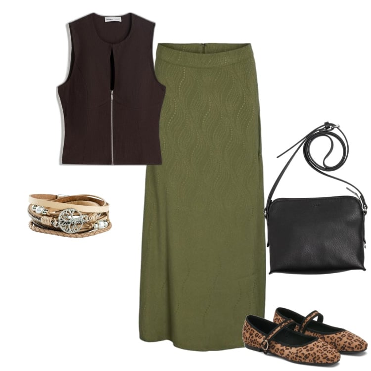 Outfit mujer - Casual chic #15962. Estilo Casual chic para Todos los días. Combinación con pulseras, top, falda longuette, bailarinas, bolsos saco.