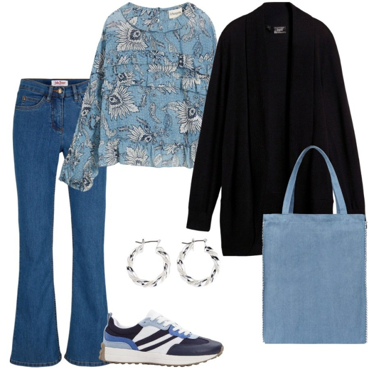 Outfit donna - La blusa con fiori e balze. Stile Casual per Tutti i giorni. Abbinamento con jeans bootcut, cardigans, orecchini, bluse, sneakers, borse tote.