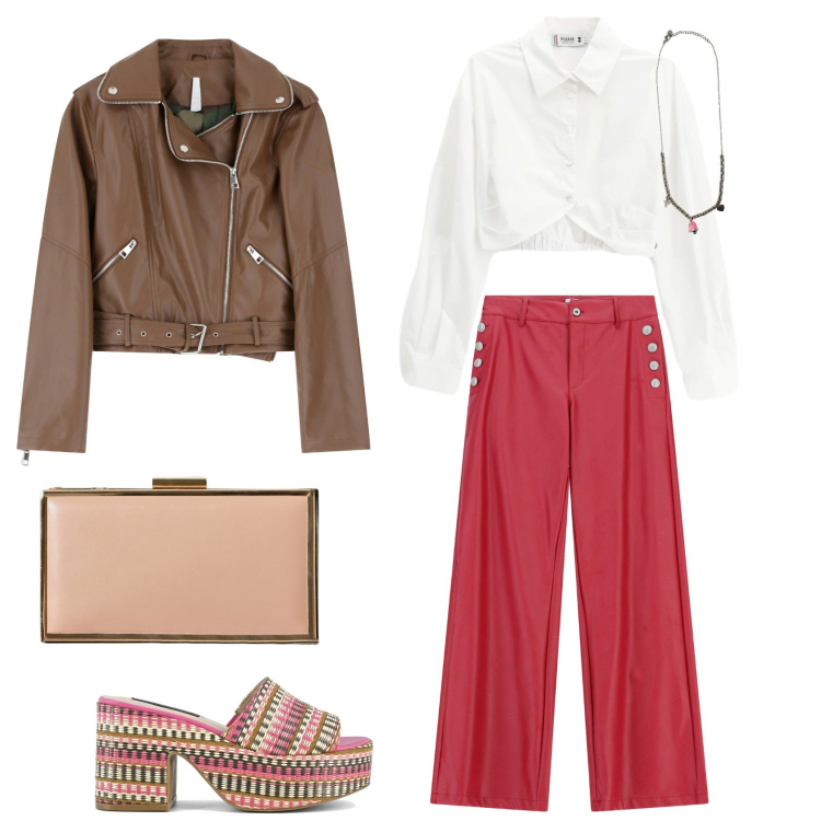 Outfit donna - Serata di fine estate. Stile Casual chic per Serata fuori. Abbinamento con pochette, camicie, pantaloni a palazzo, giacche, ciondoli, zeppe.