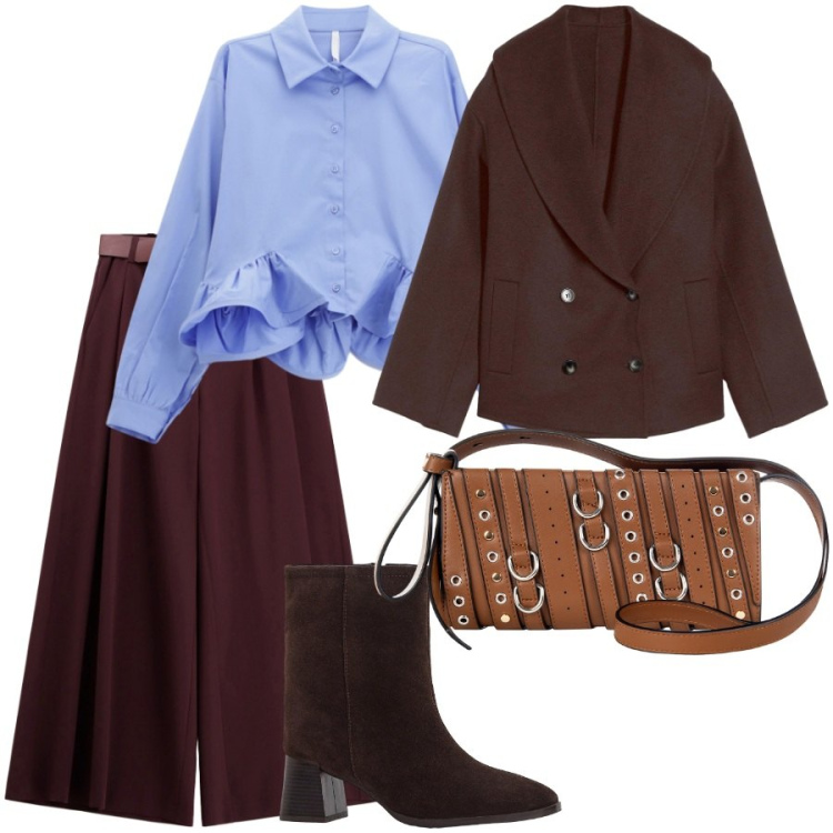 Outfit donna - Camicia particolare. Stile Casual chic per Ufficio. Abbinamento con stivaletti, caban, borse a spalla, camicie, pantaloni a palazzo.