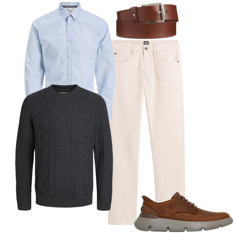 Outfit hombre - Business/Elegante #2581. Estilo Business/Elegante para Oficina. Combinación con vaqueros, camisas, cinturones, zapatos con cordones, prendas de punto.