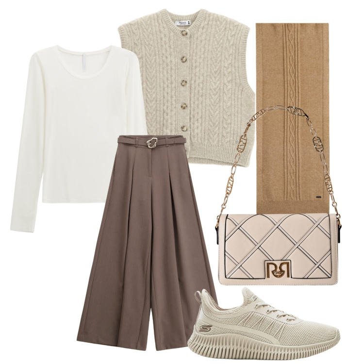 Outfit donna - Rilassata la domenica pomeriggio.... Stile Sporty chic per Tutti i giorni. Abbinamento con sneakers, borse a tracolla, gilet, pantaloni, t-shirt, sciarpe.