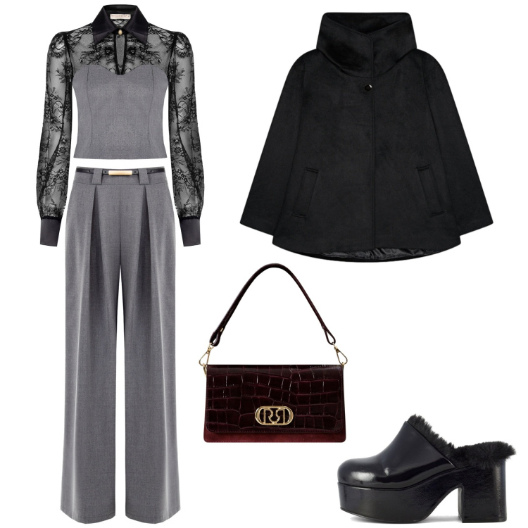 Outfit donna - Eleganza classica. Stile Glamour per Serata fuori. Abbinamento con pantaloni a palazzo, bluse, borse a mano, sabot, caban.