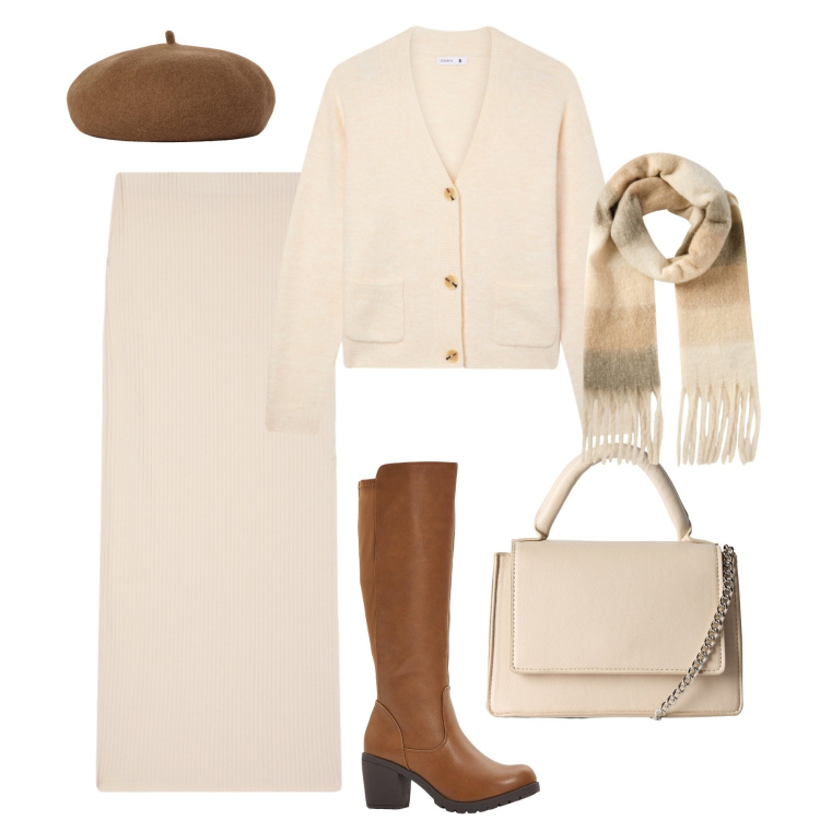Outfit donna - In maglia senza capospalla. Stile Trendy per Tutti i giorni. Abbinamento con stivali, gonne lunghe, cardigans, sciarpe, borse a tracolla, cappelli e berretti.