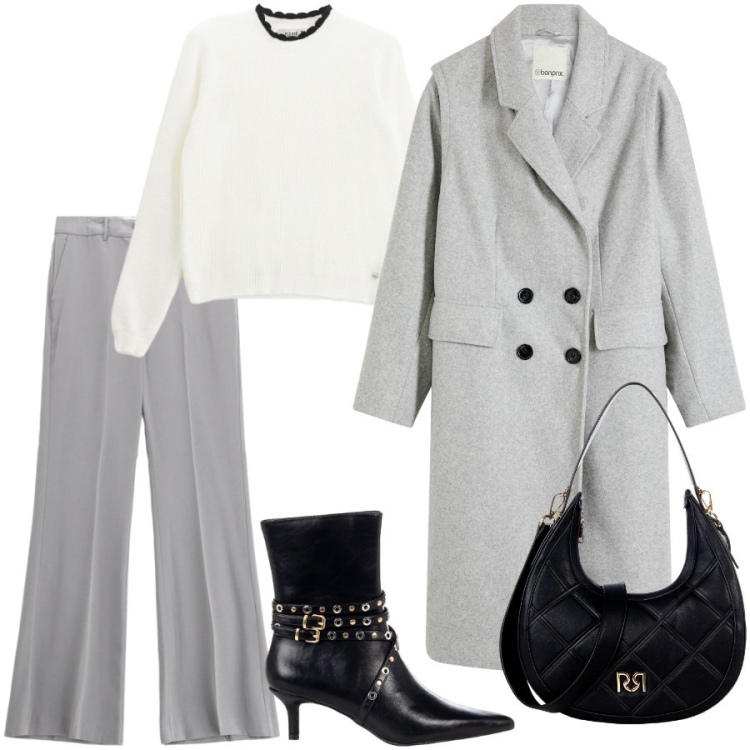 Outfit donna - Grey. Stile Minimal per Ufficio. Abbinamento con cappotti, pantaloni, pullovers, borse a tracolla, stivaletti.
