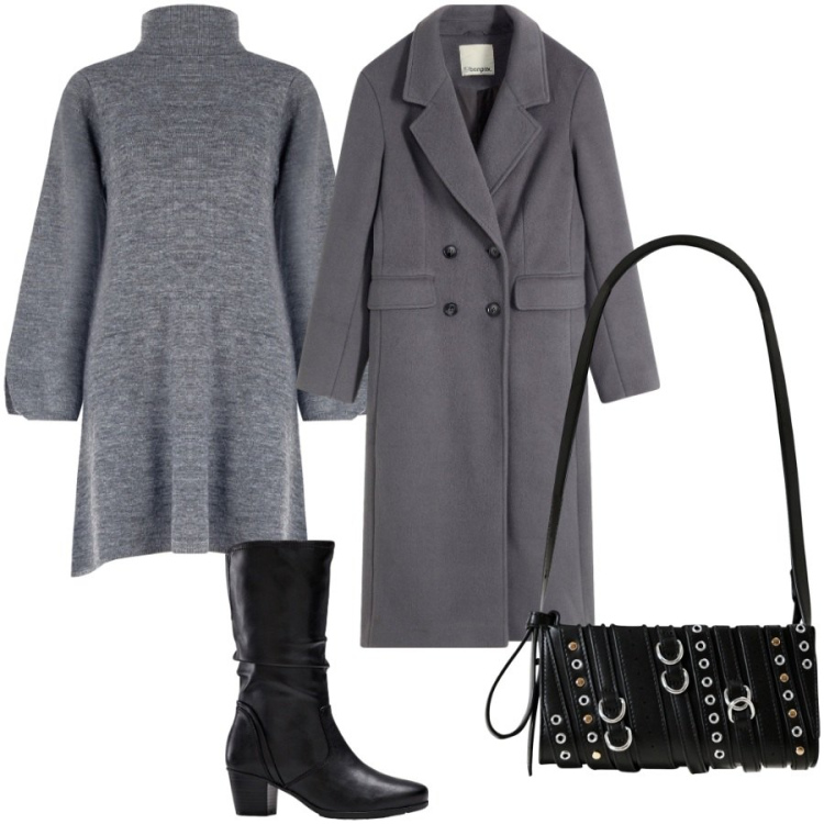 Outfit donna - Sfumature di grigio. Stile Casual chic per Serata fuori. Abbinamento con stivali, cappotti, borse a spalla, vestiti corti.