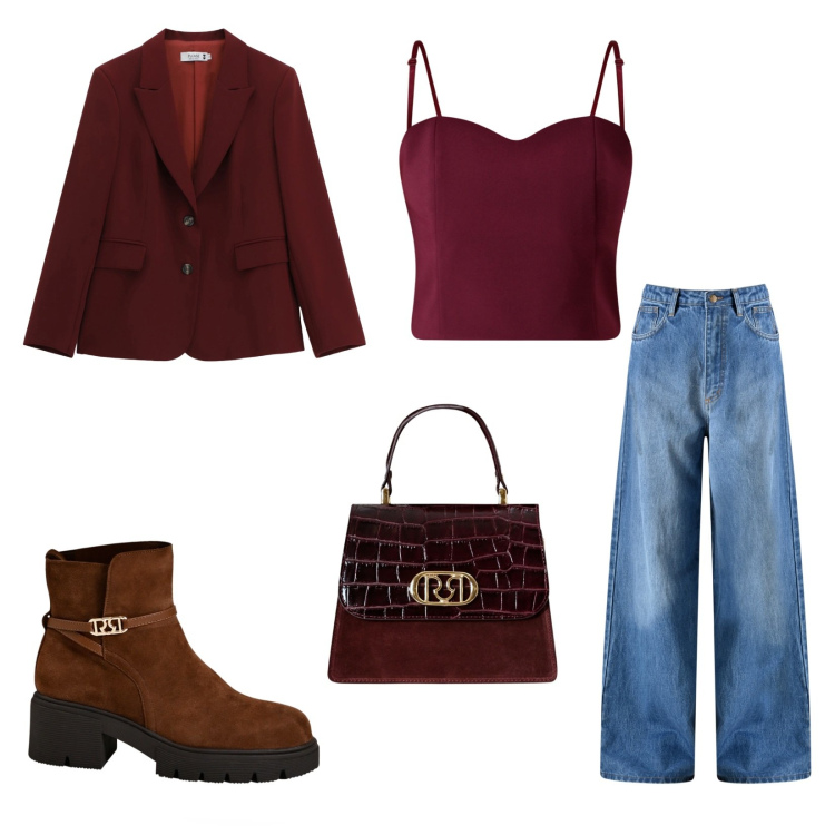 Outfit donna - Shopping in comodità. Stile Casual chic per Tutti i giorni. Abbinamento con blazer, stivaletti, jeans, top, borse a mano.