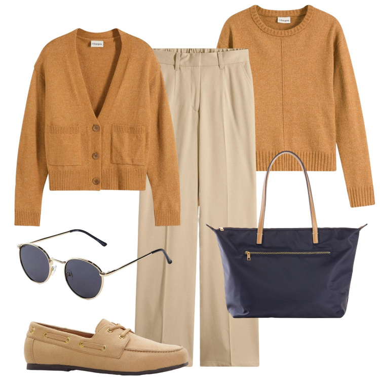 Outfit donna - Colori caldi H24. Stile Trendy per Tutti i giorni. Abbinamento con cardigans, maglieria, pantaloni, occhiali da sole, shopping bag, mocassini.