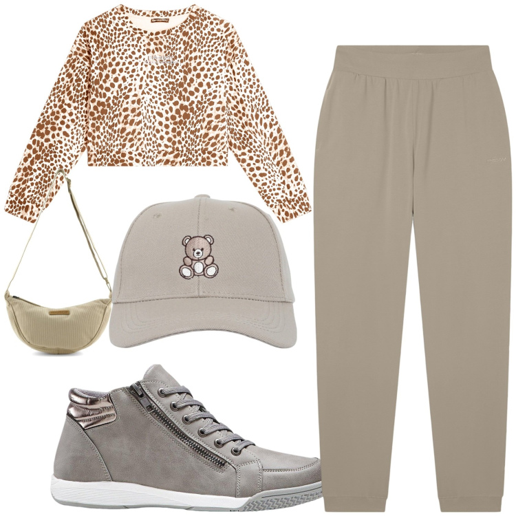 Outfit donna - Sportiva e chic. Stile Casual chic per Tutti i giorni. Abbinamento con sneakers alte, cappelli con visiera, felpe, pantaloni, borse a tracolla.