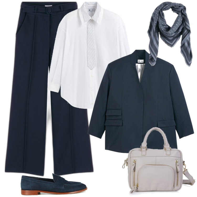 Outfit mujer - A trabajar. Estilo Mannish para Oficina. Combinación con pantalones, bolsos de mano, camisas, blazers, mocasines, bandas para el pelo.