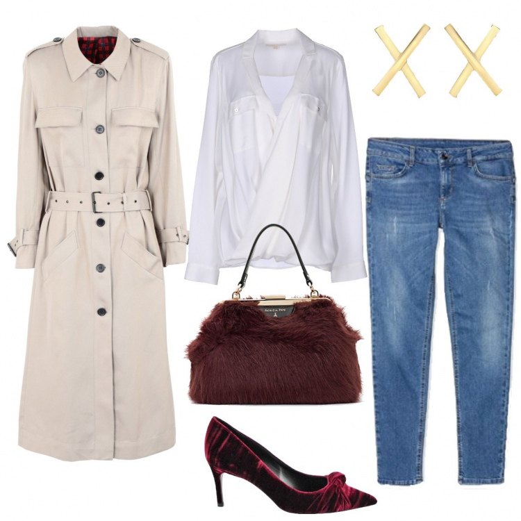 Outfit donna - Trendy in trench. Stile Trendy per Tutti i giorni. Abbinamento con blusa collo con revers a maniche lunghe in seta crêpe, soprabito twill, jeans skinny blu, ecopelliccia effetto vernice, décolleté in velluto, orecchini in oro giallo 9ct.