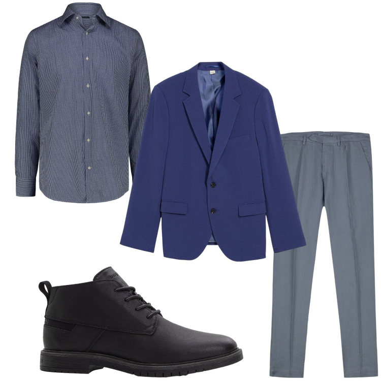 Outfit uomo - Blu royal chic. Stile Casual per Ufficio. Abbinamento con giacche, stivali e stivaletti, pantaloni, camicie.