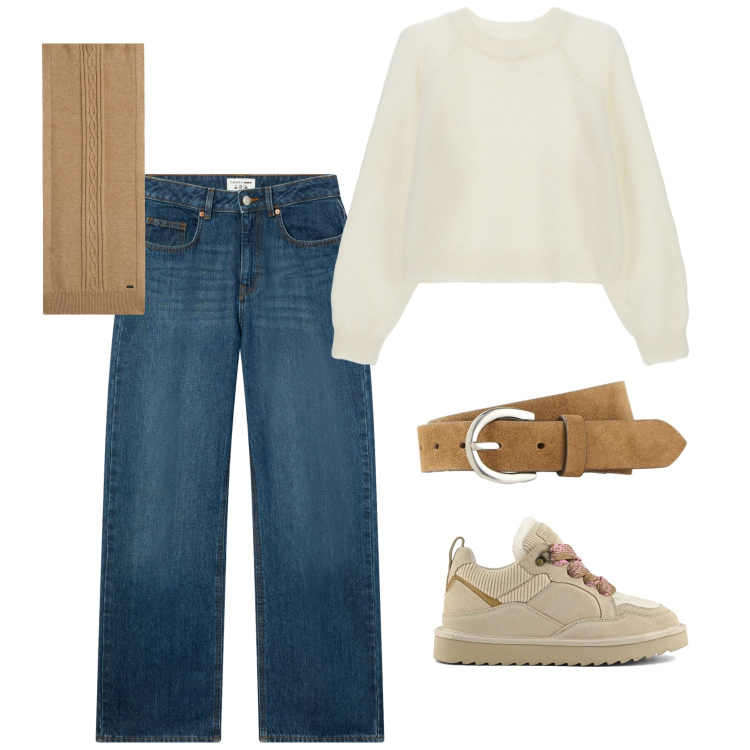 Outfit donna - Total look #2253983. Stile Casual per Tutti i giorni. Abbinamento con cinture, jeans, maglieria, sciarpe, sneakers alte.