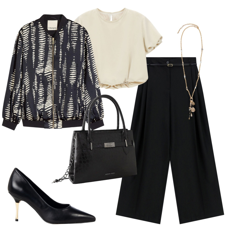Outfit donna - City. Stile Urban per Tutti i giorni. Abbinamento con bomber, borse a mano, décolleté, pantaloni, camicie a manica corta, ciondoli.