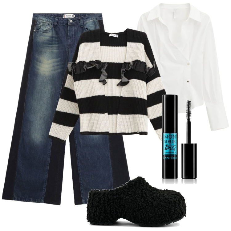 Outfit donna - Va bene così. Stile Casual chic per Tutti i giorni. Abbinamento con mascara, cardigans, jeans a zampa, camicie, zoccoli.