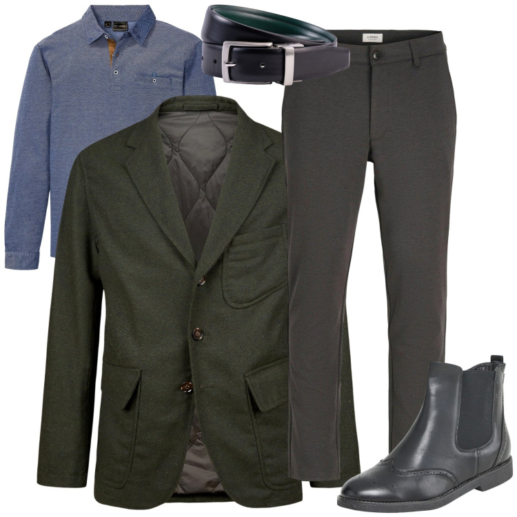 Outfit uomo - La giacca sportiva sui chino. Stile Urban per Tutti i giorni. Abbinamento con polo, pantaloni chino, stivali e stivaletti, giacche, cinture.
