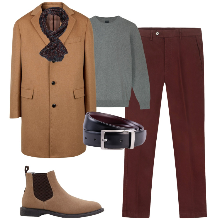 Outfit uomo - City. Stile Business/Elegante per Tutti i giorni. Abbinamento con stivali e stivaletti, maglieria, cappotti, cinture, sciarpe, pantaloni chino.