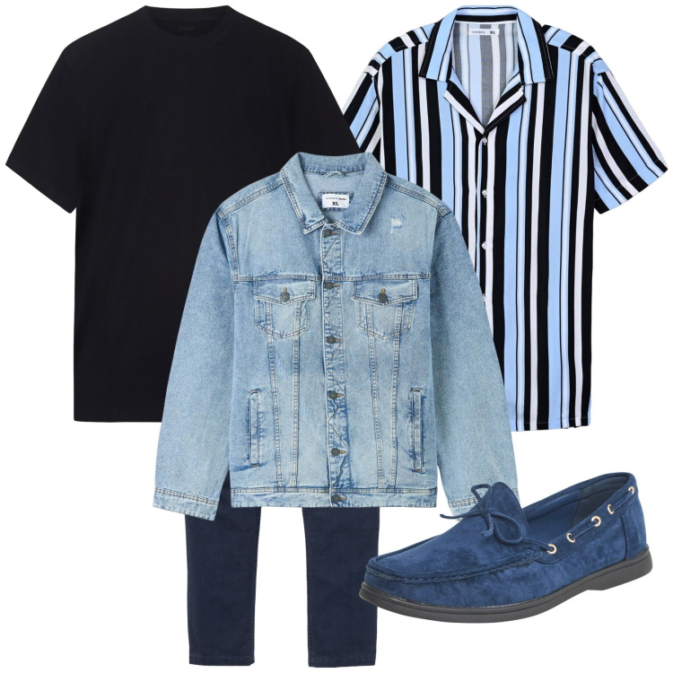 Outfit uomo - Sovrapposizione. Stile Casual per Tutti i giorni. Abbinamento con pantaloni, camicie a manica corta, giacche, scarpe stringate, t-shirt.