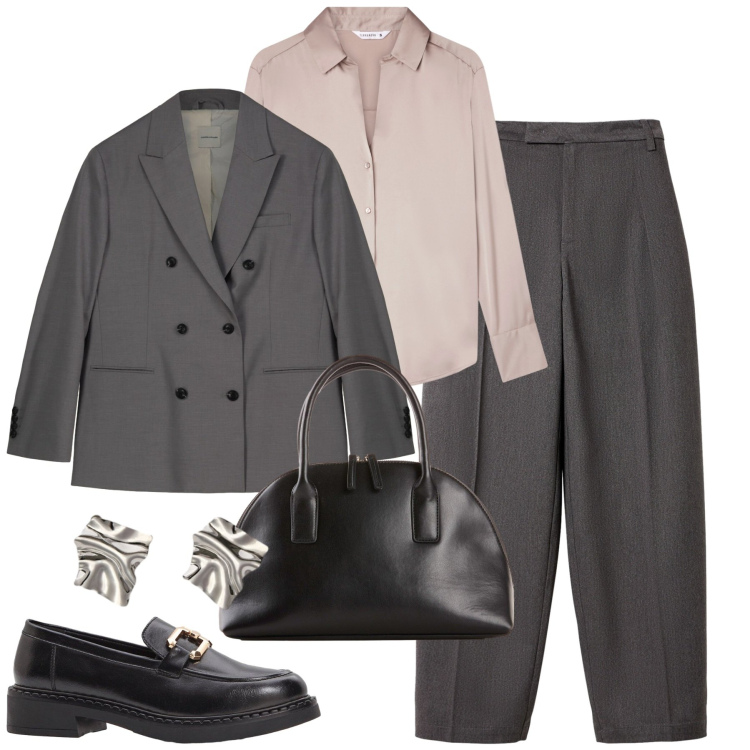 Outfit donna - In ufficio. Stile Minimal per Ufficio. Abbinamento con mocassini, shopping bag, pantaloni, camicie, blazer, orecchini.
