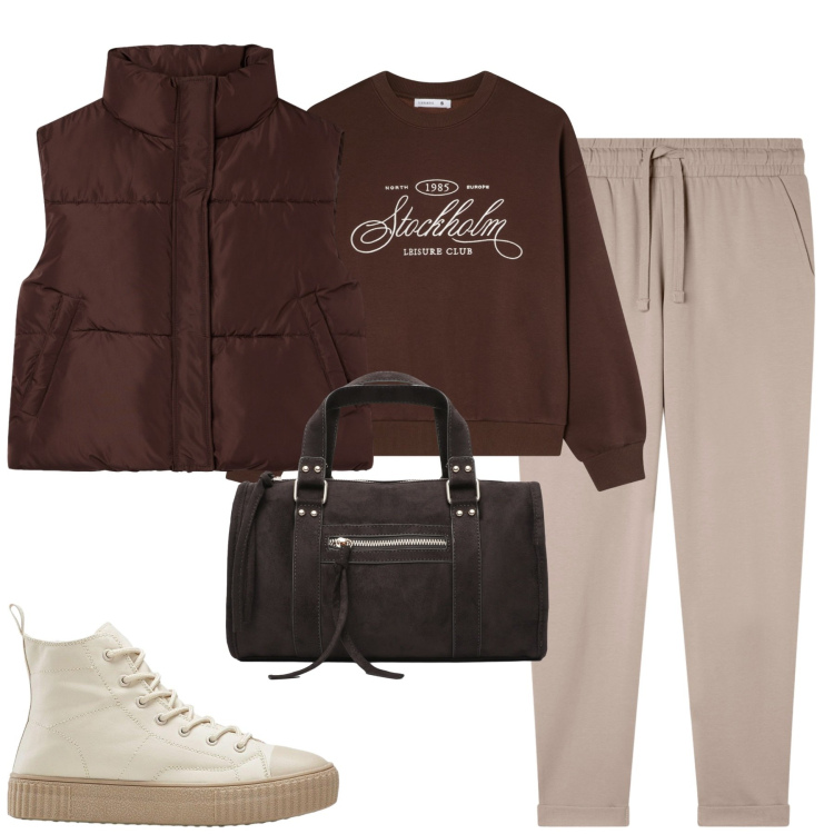 Outfit donna - Fall. Stile Casual per Tutti i giorni. Abbinamento con sneakers alte, pantaloni, felpe, piumini, borse a mano.