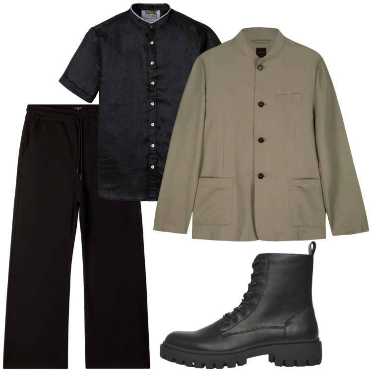Outfit uomo - Colletto coreano. Stile Trendy per Serata speciale. Abbinamento con camicie a manica corta, anfibi, pantaloni, giacche.