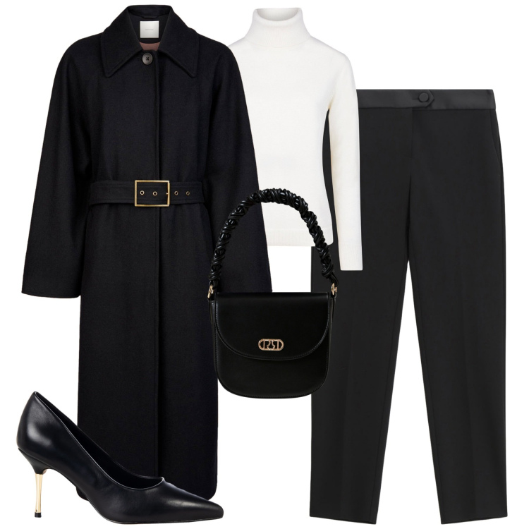Outfit donna - B&W. Stile Minimal per Tutti i giorni. Abbinamento con décolleté, borse a mano, pantaloni, maglieria, cappotti.