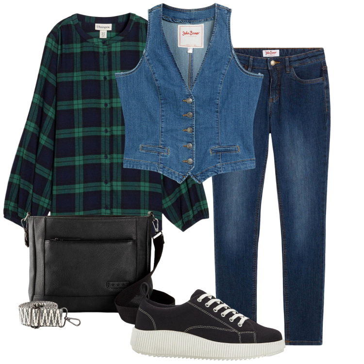 Outfit donna - Autunno Bonprix. Stile Casual per Scuola/Università. Abbinamento con gilet, jeans skinny, bluse, borse a tracolla, sneakers.