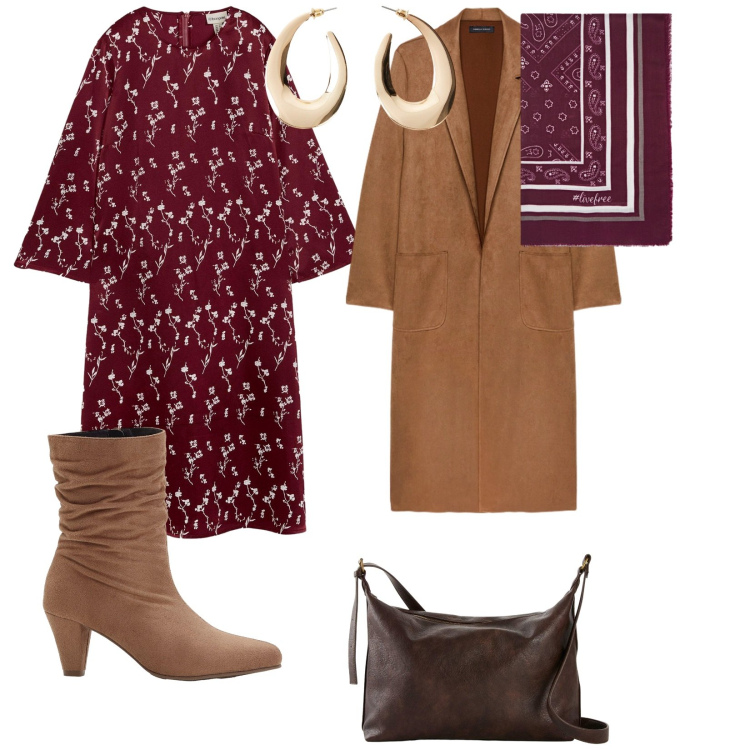 Outfit donna - Spese e spesucce. per Tutti i giorni. Abbinamento con vestiti midi/longuette, orecchini, stivaletti, borse a tracolla, trench, foulard.