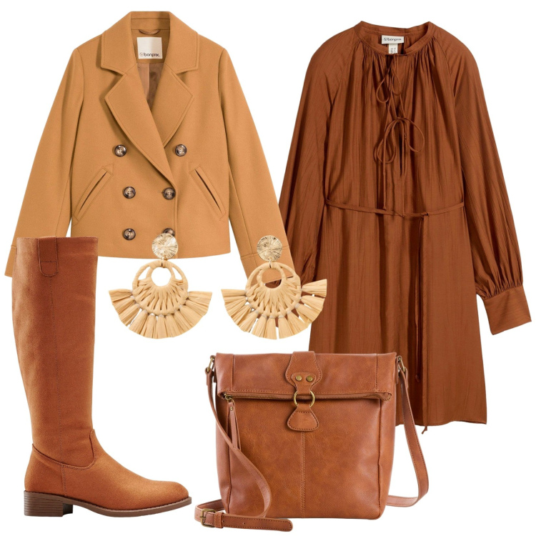 Outfit donna - Boho d\'autunno. Stile Boho per Tutti i giorni. Abbinamento con stivali, vestiti, caban, orecchini, borse a tracolla.