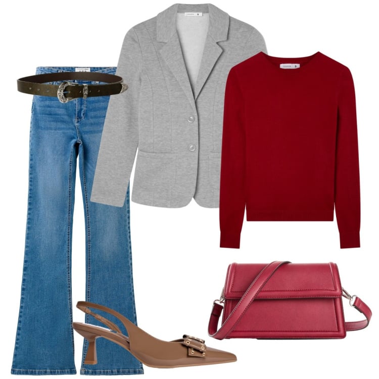 Outfit donna - In ufficio così. Stile Casual chic per Ufficio. Abbinamento con borse a tracolla, blazer, jeans a zampa, maglieria, décolleté, cinture.