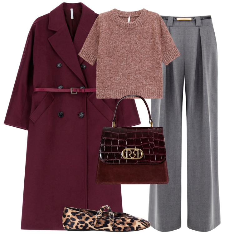 Outfit donna - Wine. Stile Trendy per Tutti i giorni. Abbinamento con pantaloni a palazzo, ballerine, borse a mano, maglieria, cappotti.