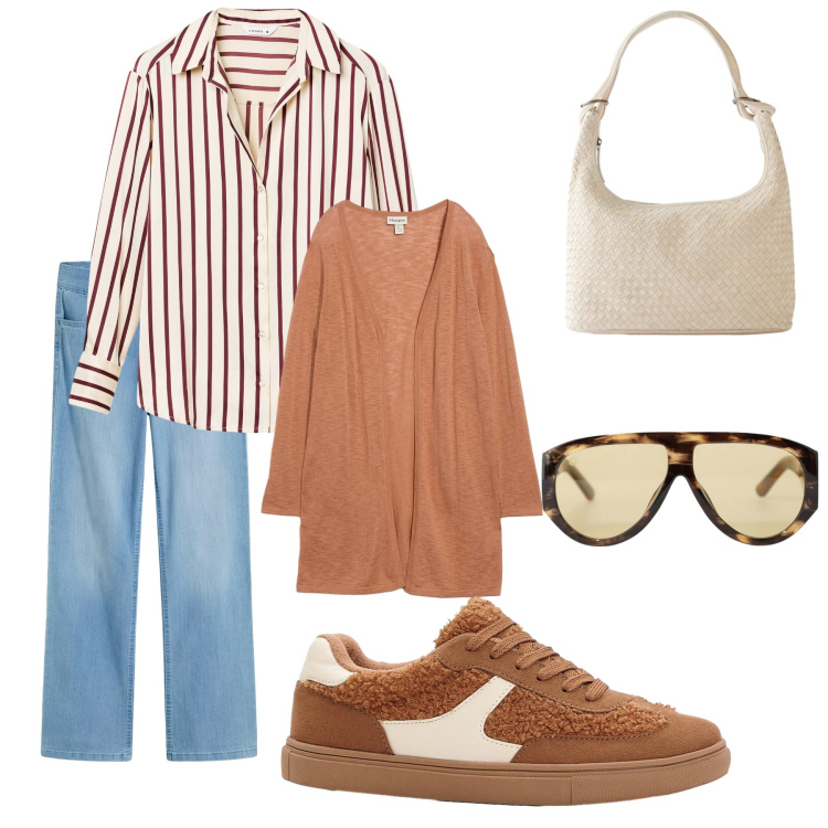 Outfit donna - Giornata spensierata. Stile Casual per Tutti i giorni. Abbinamento con jeans dritti, shopping bag, sneakers, cardigans, camicie, occhiali da sole.