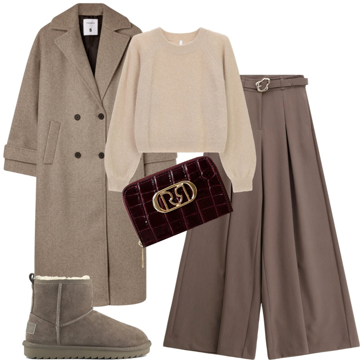 Outfit donna - City. Stile Casual chic per Tutti i giorni. Abbinamento con cappotti, portafogli, maglieria, pantaloni, stivali.