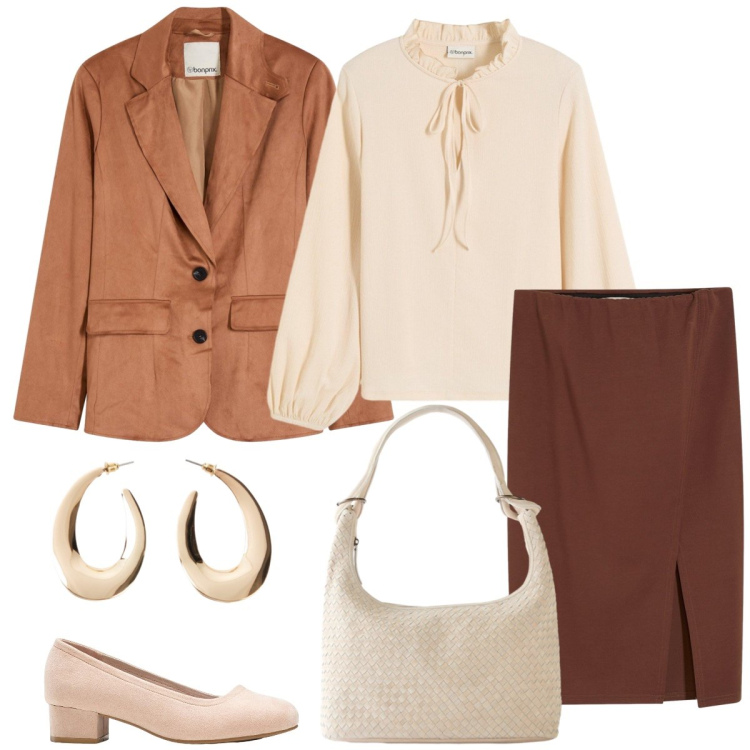 Outfit donna - Total look #2254026. Stile Casual chic per Tutti i giorni. Abbinamento con blazer, décolleté, orecchini, shopping bag, gonne, bluse.